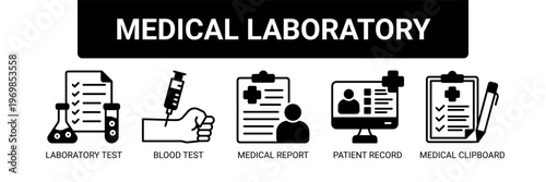 Medical Laboratory web banner icon vector illustration concept with icons of laboratory test, blood test, medical report, patient record, and medical clipboard.
