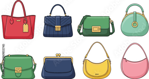 Handbag variety illustration with eight unique fashion designs in red, blue, green, mint, yellow, and pink tones, vector artwork