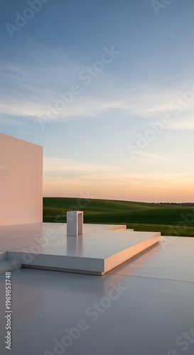 Modern minimalist white building terrace overlooking lush green fields at sunset with soft pastel sky