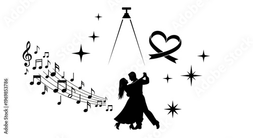 Romantic dance silhouette with music notes.