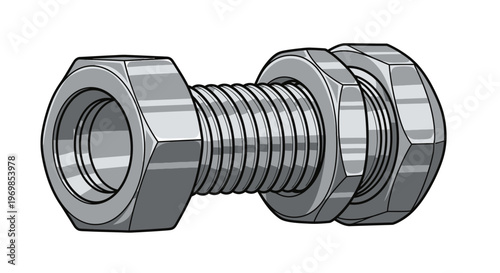 Fastener Assembly with Hex Nuts and Threaded Bolt, Industrial Hardware