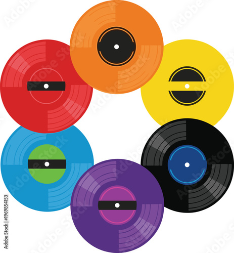 Vinyl record collection illustration with six colorful discs in circular arrangement, music diversity concept, vector artwork