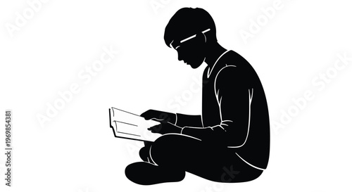 Young man sitting reading book in black silhouette isolated on white background, male person reading a book in a simple minimalist style