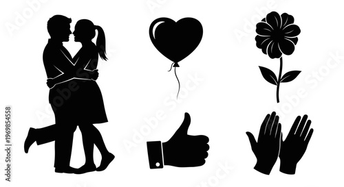 Black silhouettes of romantic couple and love symbols.