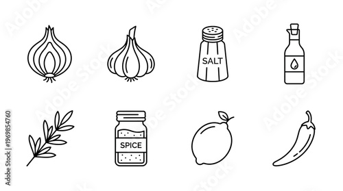 Cooking ingredient icons showing onion, garlic, salt, oil, herb, spice, lemon, chili.