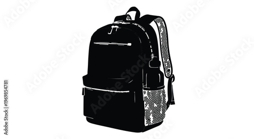 Black backpack with grey and white design, school bag or travel backpack with zippers and pockets, modern and stylish accessory for students or adventurers