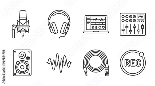 Audio production icons showing microphone, headphones, mixer, speaker, laptop, sound wave, cable, record.