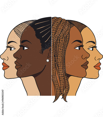 Illustration featuring four female profiles arranged side by side, each facing left