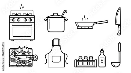 Cooking icons showing stove, pan, knife, cutting board, bowl, apron, pot, ladle.