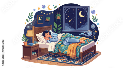Peaceful Woman Sleeping in Cozy Bedroom Illustration with Night Sky View through Window, Serene Dreamy Atmosphere, Healthy Sleep Habits and Relaxation Concept