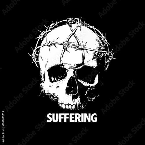 A stark black and white image of a skull adorned with barbed wire and text