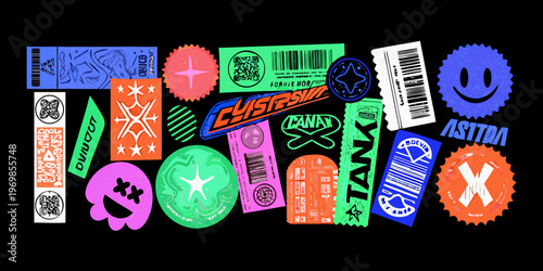 Collection of vibrant stylized stickers arranged against a black background