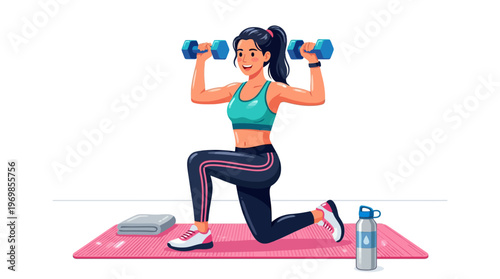 Healthy Young Woman Doing Lunges with Dumbbells on Yoga Mat Illustration for Fitness, Wellness, and Home Workout Concepts, Minimalist Vector Graphic Art Design