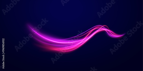 Bright neon arcs curve across a dark road. Light trails create a sense of rapid movement. The composition feels energetic and modern.