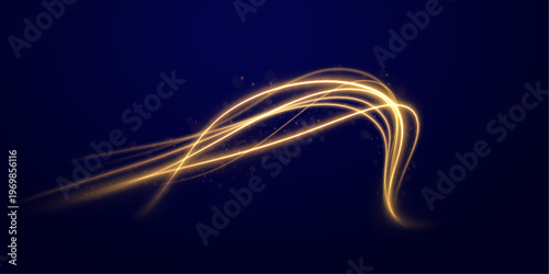 Golden light curves sweep across a dark background. Sparkling dust particles shimmer softly in motion. Magical glow creates an elegant festive atmosphere.