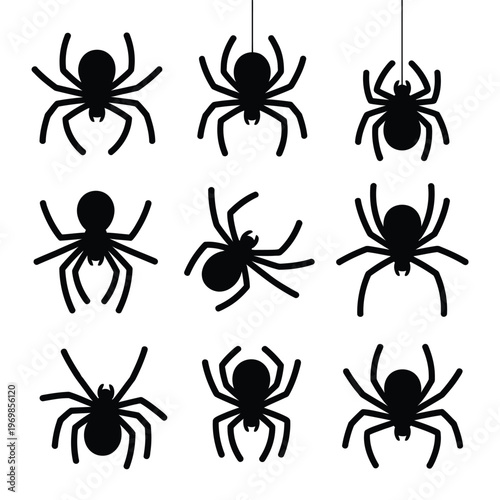 Collection of nine black spider silhouettes on a white background