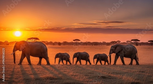 Herd of elephants walks across open savanna during vibrant sunset