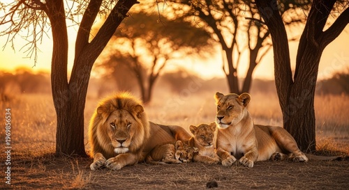 Large male lion rests with lioness and cubs under trees during sunset on the savanna