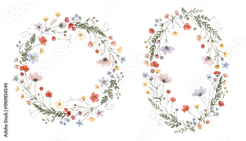 Delicate Wildflower Wreath Watercolor – Circular & Oval Floral Frames with Daisies, Cosmos & Forget-Me-Nots | Cottagecore Art