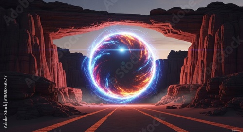Glowing ethereal portal materializes between towering desert rock formations at dusk