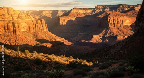 Immense desert canyon landscape illuminated by warm morning sunlight