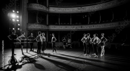 Group of dancers practices ballet movements in a historic theater space during rehearsal