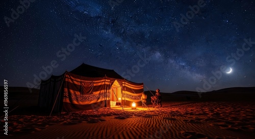 Illuminated traditional shelter stands beneath a clear, star-filled desert night sky