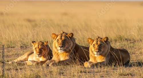 Three young lions rest together in the golden light of the savanna grassland