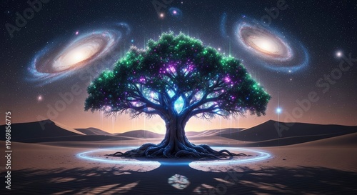 Luminous tree of life stands against desert dunes beneath swirling spiral galaxies in a cosmic night sky