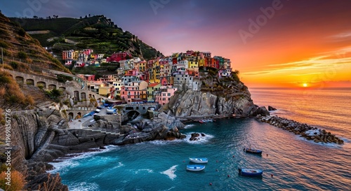 Coastal village buildings cling dramatically to rocky cliffs above a deep blue sea at sunset
