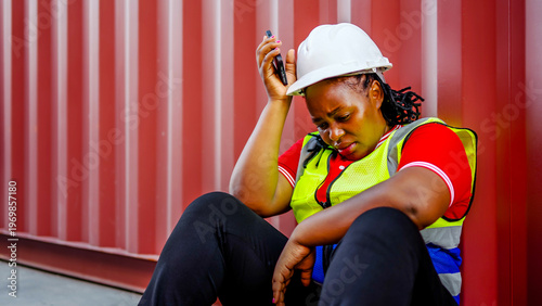 Exhausted female African construction worker in hard hat and safety vest sitting against a red container, looking stressed and tired while holding a phone during a break at a logistics site.