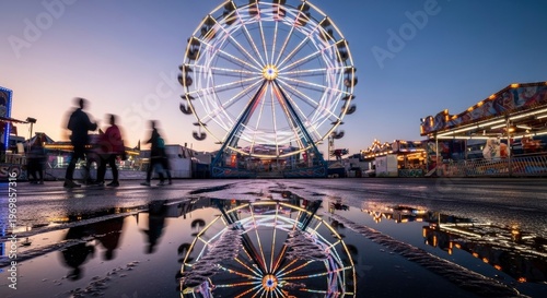 Illuminated rotating wheel attraction dominates a wet midway scene at twilight