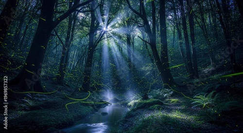 Intense beams of light penetrate a dense, dark woodland illuminated by swarms of glowing insects near a winding stream
