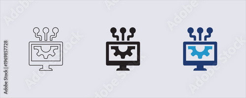 icon represents Information Technology or System Integration, often used to symbolize software settings, computer optimization, or technical services. IT support, software settings, and data network.