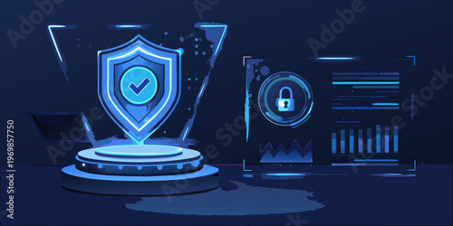 Digital security concepts illustrated with glowing shield and server interface
