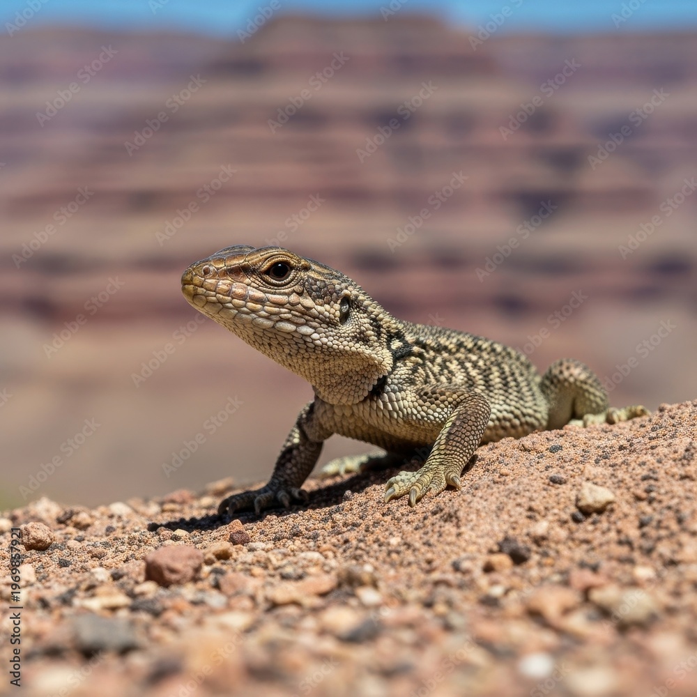 Obraz premium A small desert lizard perched on a rocky mound in the sun.