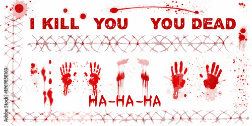 Graphic image displaying threatening text blood splatters and barbed wire