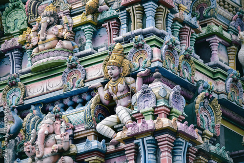 Colorful sculptures of Hindu Temple in the Victoria city, Mahe island, Seychelles. Religious statues of Hinduism.