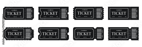 Movie Ticket Icon Set Cinema Admission Pass Stub Film Reel Coupon Perforated Tear Line Vector. Set of ticket icons. Film Ticket Icons Set Cinema Pass Voucher Stub