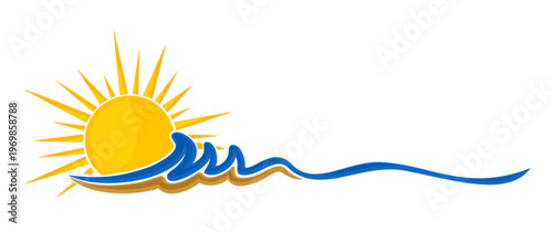 A sun dawn symbol with the sea and sandy beach.
