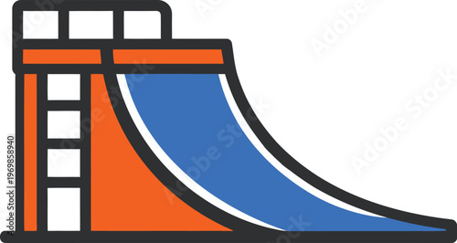 Colorful water slide icon, recreational pool slide, fun park attraction, blue and orange illustration