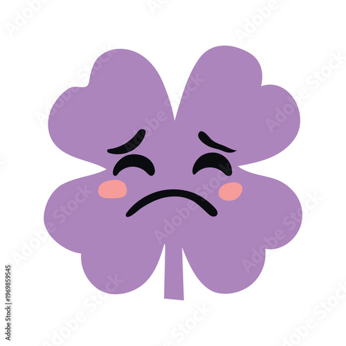 A purple fourleaf clover with a frowning face and rosy cheeks