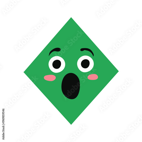A surprised green diamond face with pink cheeks