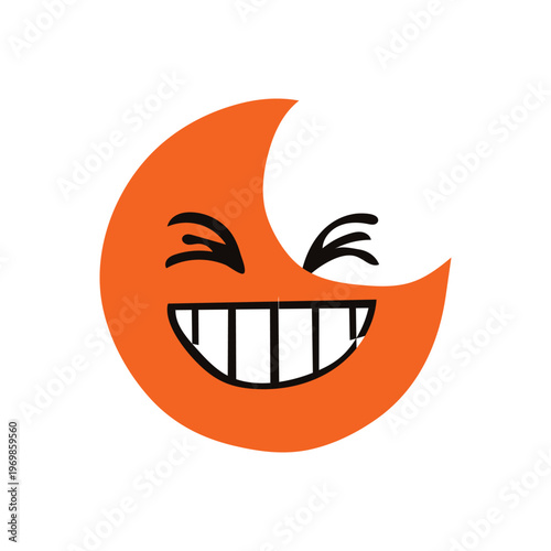 An orange crescent moon with a smiling face and winking eyes