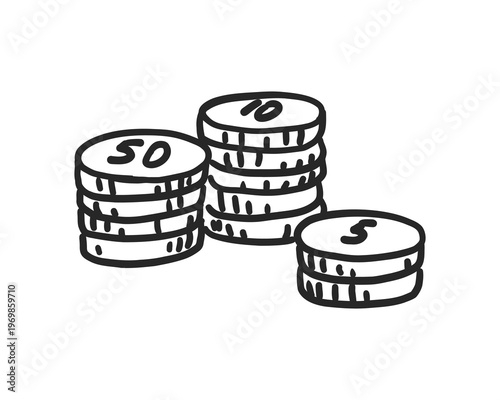 Hand-drawn doodle of stacked coins with different denominations. Minimalist black ink sketch representing money, savings, and financial growth. Isolated on white background.