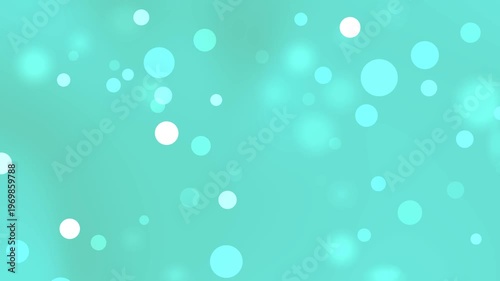 Teal background with many blurred white and blue circles. Suitable for abstract backgrounds, design projects, digital art.