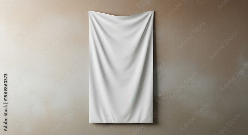 Fototapeta premium A white sheet of fabric hanging on a beige wall with soft folds and creases.