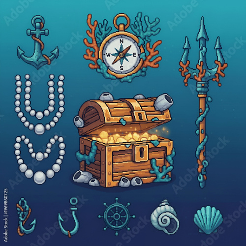 Pixel Art Underwater Treasure Elements Set with Golden Chest, Trident, and Nautical Icons