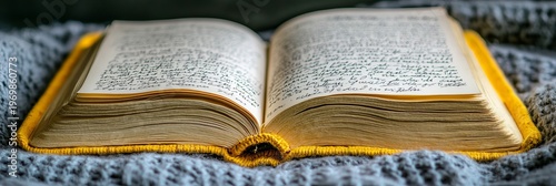 Vintage Open Book with Handwritten Text in Soft Warm Lighting, Closeup of Aged Novel and Diary