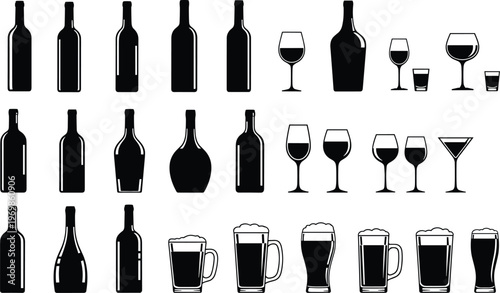 Alcohol beverage silhouettes set with wine bottles, glasses and beer mugs isolated on white background, drink icons collection, bar and restaurant illustration
